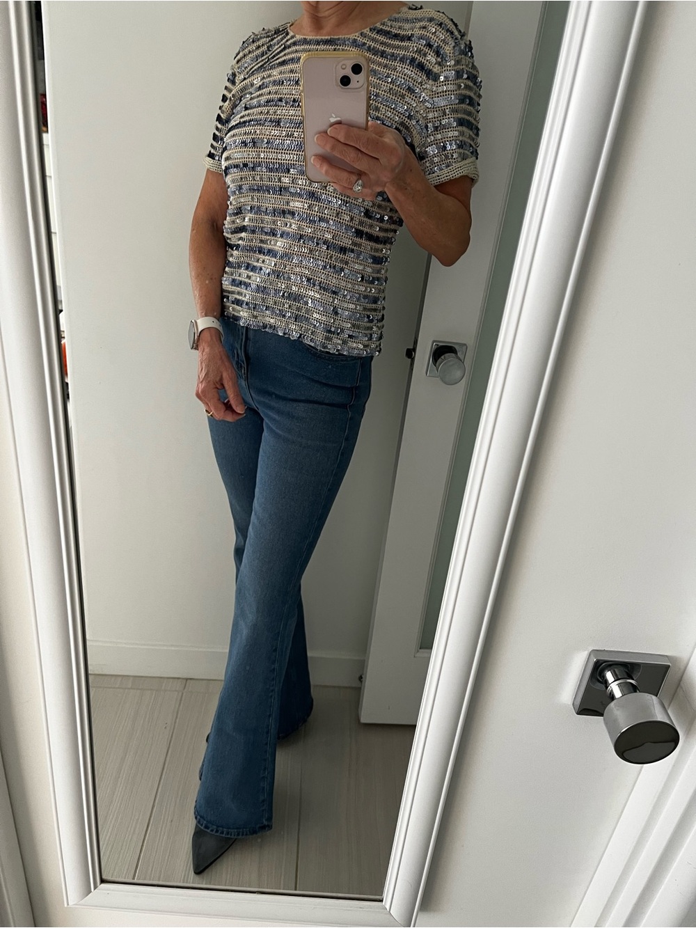 Gryphon Blue and Cream Sequin Striped Cropped Top